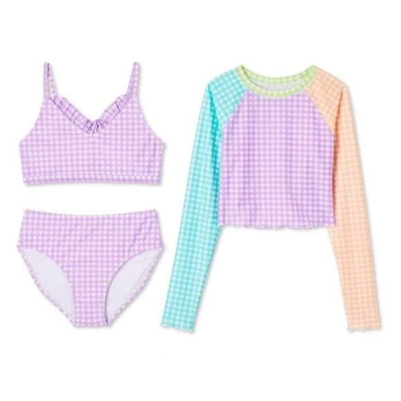 George Girls 3-Piece Bathing Suit Set, Rash Guard, Swim Top & Bottom, Sz L 10-12 - Picture 1 of 2
